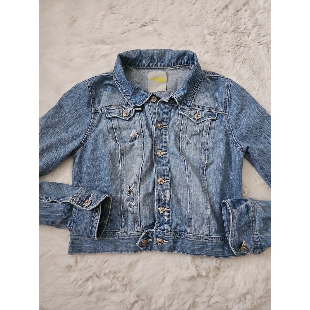 Charlotte Russe Distressed Denim Jacket Large Y2K Thrashed Cropped Trucker Jean